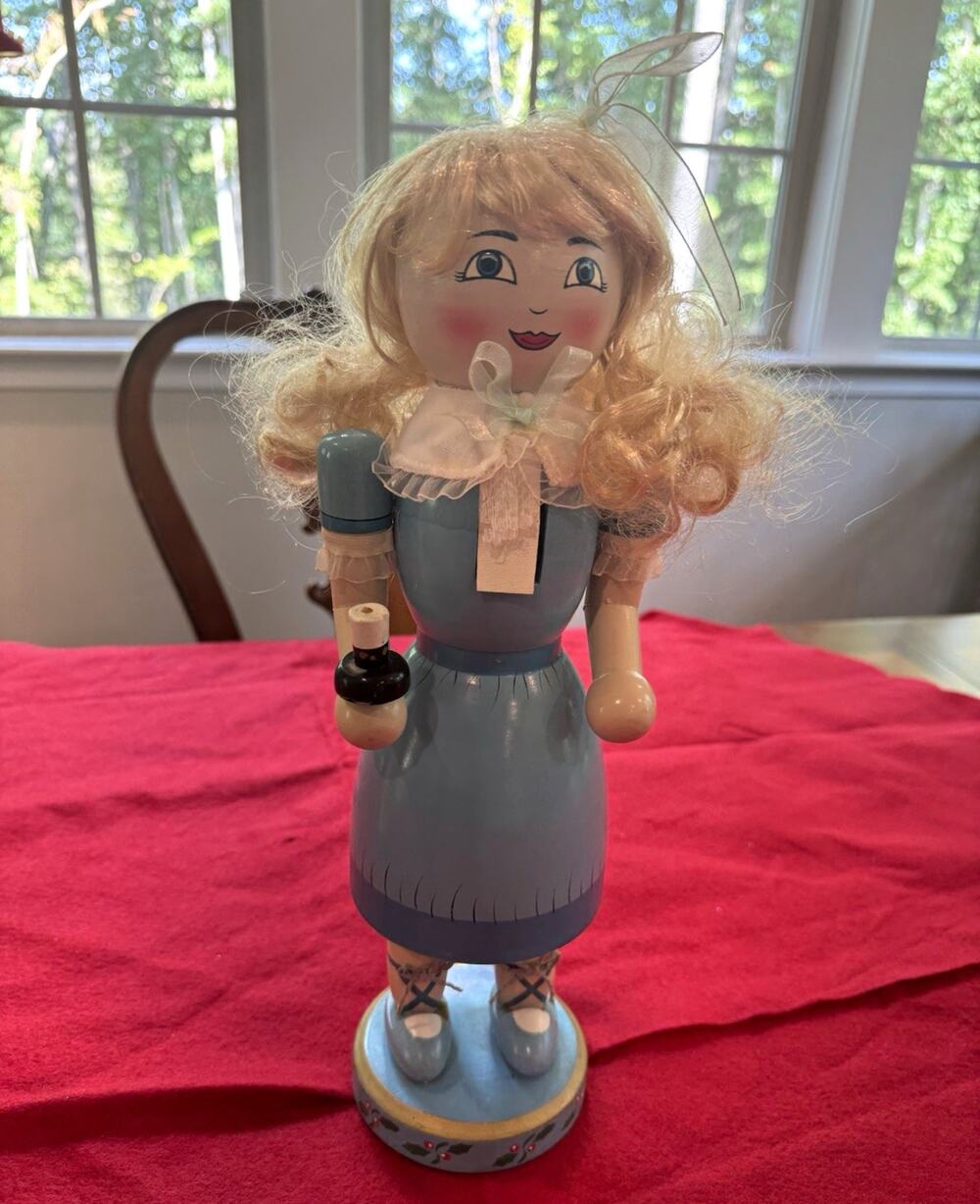 Clara Nutcracker Figure Blonde Curly Hair Blue Dress White Apron Holding Candle